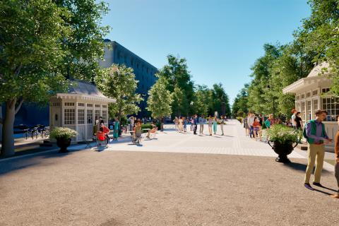 Hämeenpuiston keskusaukion havainnekuva yleissuunnitelman mallista, jossa on paviljongit Hämeenpuistossa.