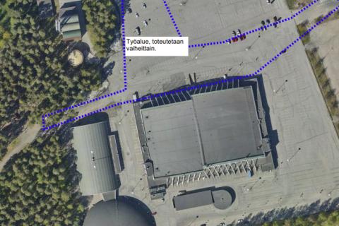 Hakametsän jäähallin tontin alueen johtosaneraus kartalla.