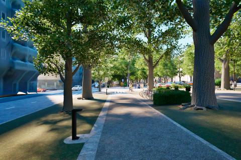 Havainnekuva Hämeenpuiston kaavan yleissuunnitelmasta, jossa pyöräväylä menee Satamakadun paikkeilla..