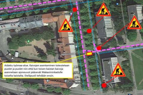 Makasiininkadun työmaaalue kartalla.