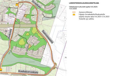 Ruskontien kunnostuksen liikennejärjestelyt kartalla.