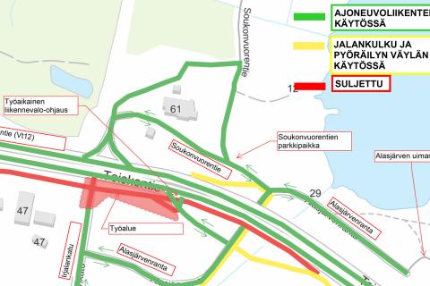 Teiskontien ja Irjalankadun risteysalueen liikennejärjestelyt kartalla.
