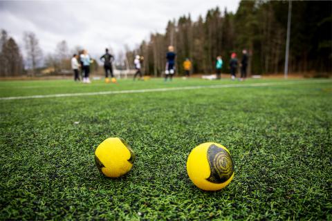 Two Roundnet game balls are on the ground at the grass pitch in Koivistonkylä.