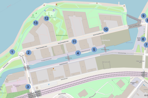 Kartta, jossa näkyy sähkökaappien sijainti Ranta-Tampellan kaupunginosassa.