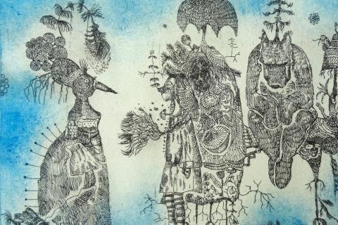 The graphic work features animal figures depicted in black against a blue background.