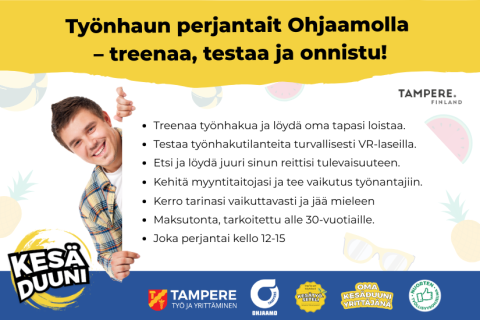 Kuvassa nuori henkilö kurkkaa kulman takaa. Kuvassa tekstiä Kesäduunin Työnhaun perjantaitapahtumista.