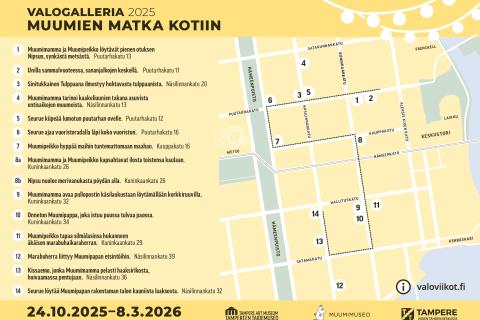 Kartta Tampereen keskustasta, johon on merkitty valoteosten sijainti ja nimet.