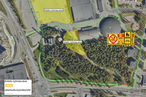 Hakametsän jäähallin tontin alueen johtosaneraustyö marraskuussa 2025 kartalla.