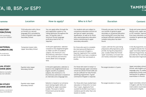 Taulukko TUVA:n, IB-linjan, BSP-linjan ja ESP-linjan eroista.