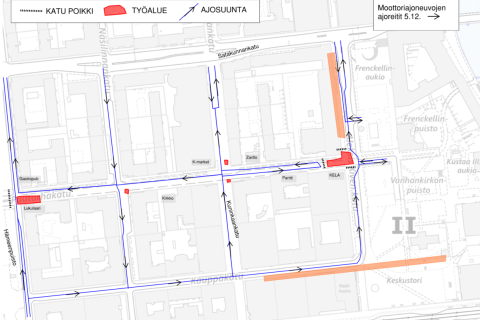 Puutarhakadun liikennejärjestelyt kartalla 5.12.2025 alkaen.