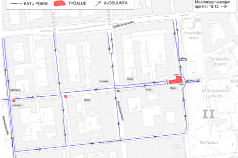 Puutarhakadun liikennejärjestelyt 22.12.2025 alkaen kartalla.