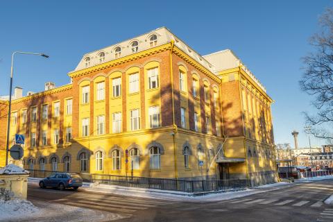 A pale yellow building with the words “Tampereen lyseo” on it. In front of it is a snowy pavement and a single tree.