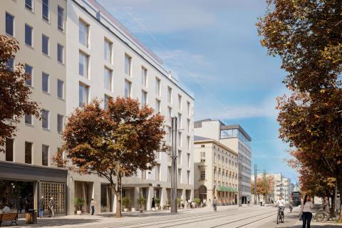 Havainnekuvassa kerrostaloja Hämeenkadulla, uusi vaalea rakennus toinen vasemmalta.