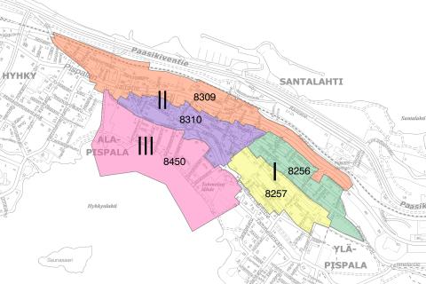 Kartalla esitettynä Pispalan alueen asemakaavat.