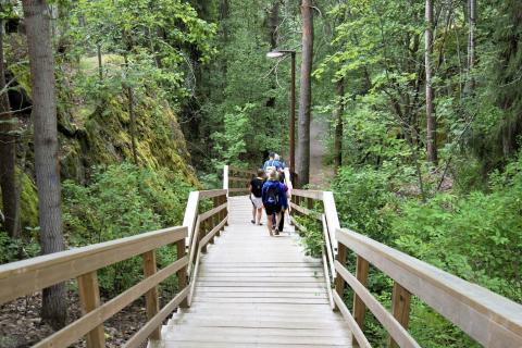 People walking down a wooden staircase.