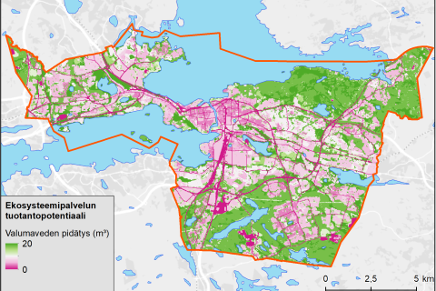 Kartta ekosysteemin potentiaalista pidättää hulevesiä Tampereella. 