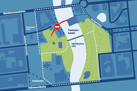 Valssipadonraitin liikennejärjestelyt ja korvaavat yhteydet Satakunnansillan ja Hämeensillan sekä väliaikaisen sillan kautta.