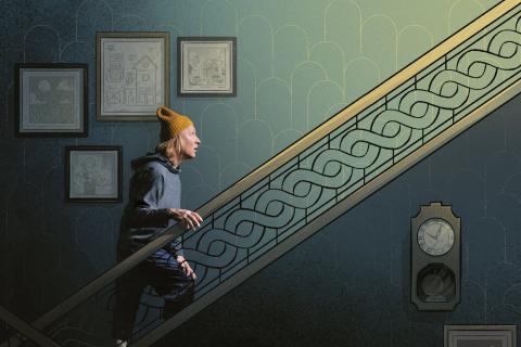 Piirretyssä kuvassa poika kiipeää kodin portaita yläkertaan
