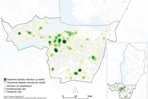 Kartta useimmin käytetyistä ekosysteemin virkistyspalveluista Tampereella. 