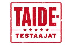 taidetestaajien logo valkoisella pohjalla punaisella teksitillä