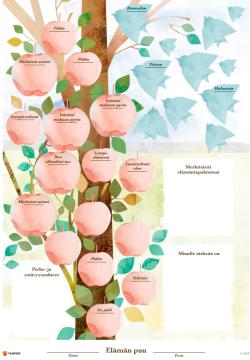 Elämän puu -juliste, jossa täytettäviä kenttiä mm. omenoiden ja lehtien päällä.