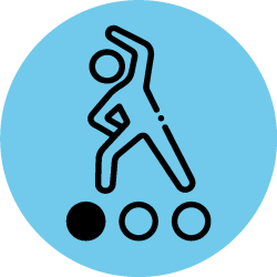 Ikoni, missä venyttelevä ihmishahmo ja yksi tummennettu pallo.