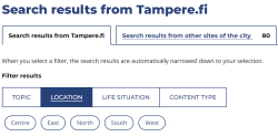 Screenshot of Location filter in Tampere.fi